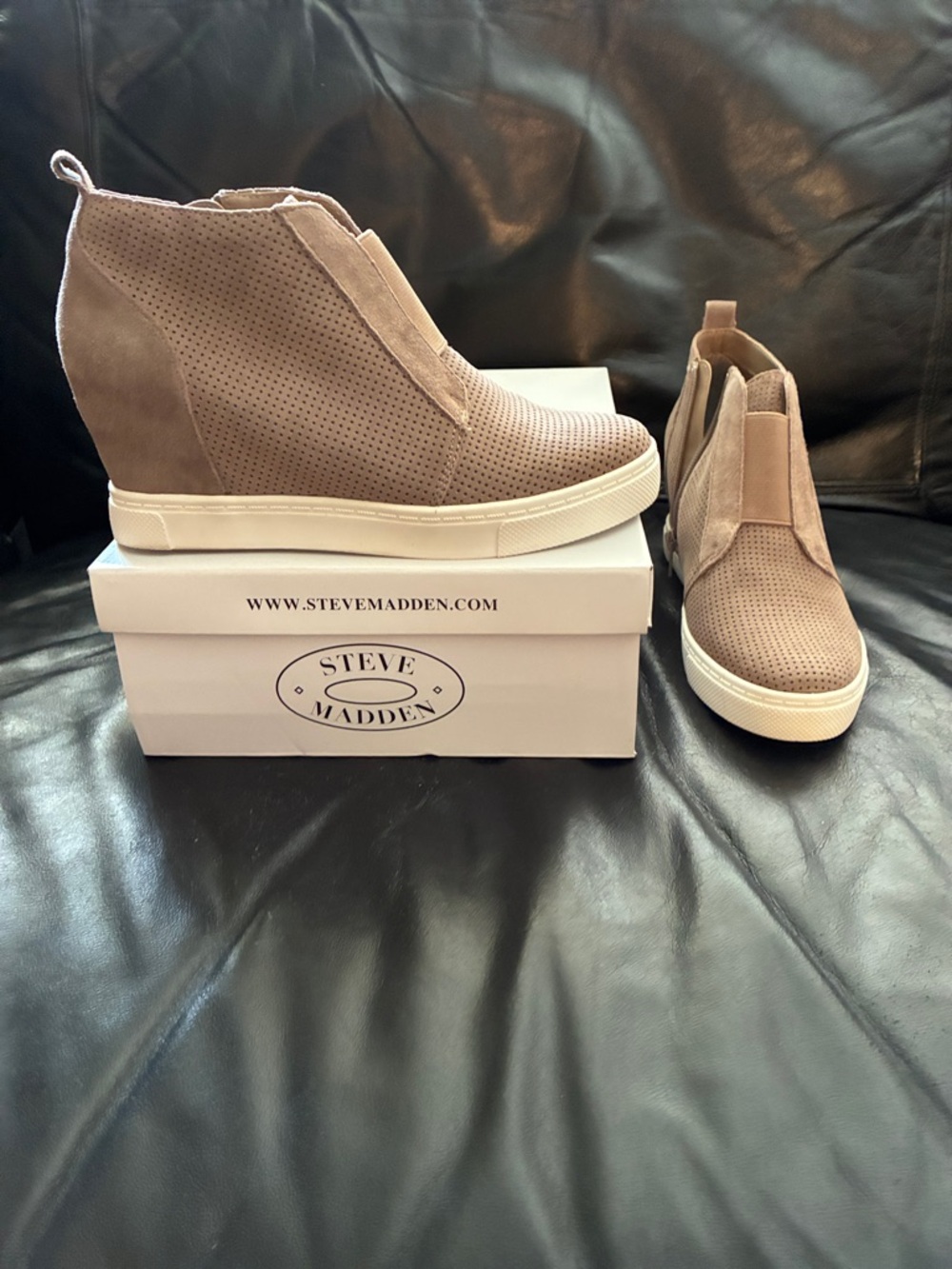 Steve Madden Taupe Suede Perforated Wedge Sneaker